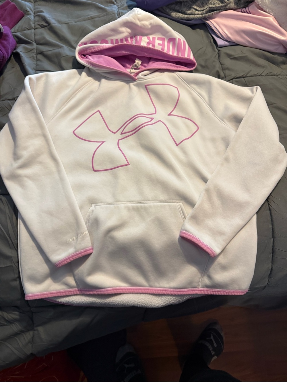 Under Armour White Hoodie with Pink Logo & Trim